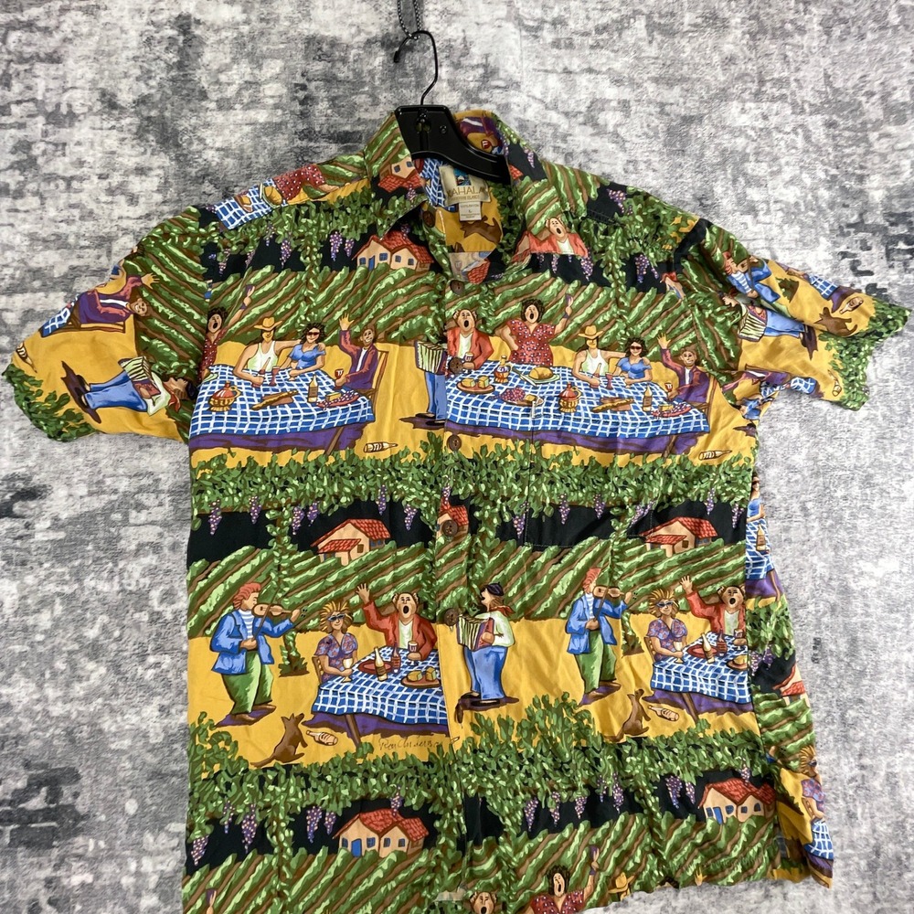 Vtg Kahala Mens L Hawaiian Shirt‎ Ron Anderson Vineyard Picnic Rayon Aloha Print